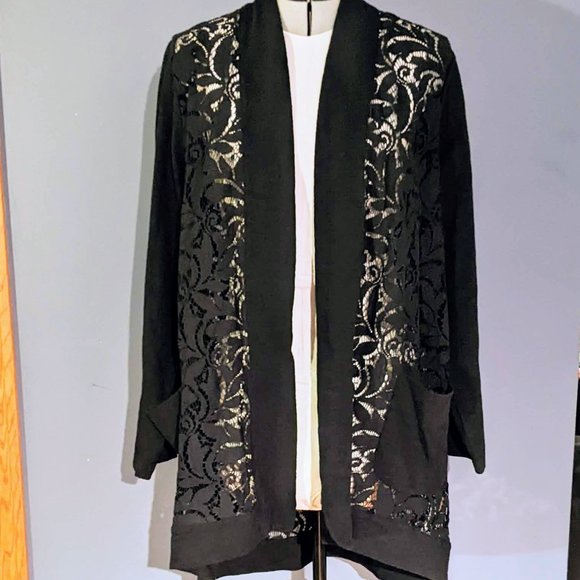 LOGO by Lori Goldstein Open Front Slub Cardigan w/Lace Detail XL - Picture 2 of 11